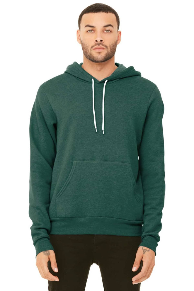 A unisex sponge fleece pullover hoodie in dark green, featuring a front pocket and a hood.