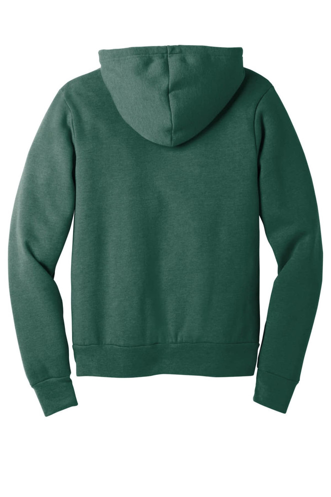A back view of a unisex green pullover hoodie with a hood, featuring long sleeves and a logo.