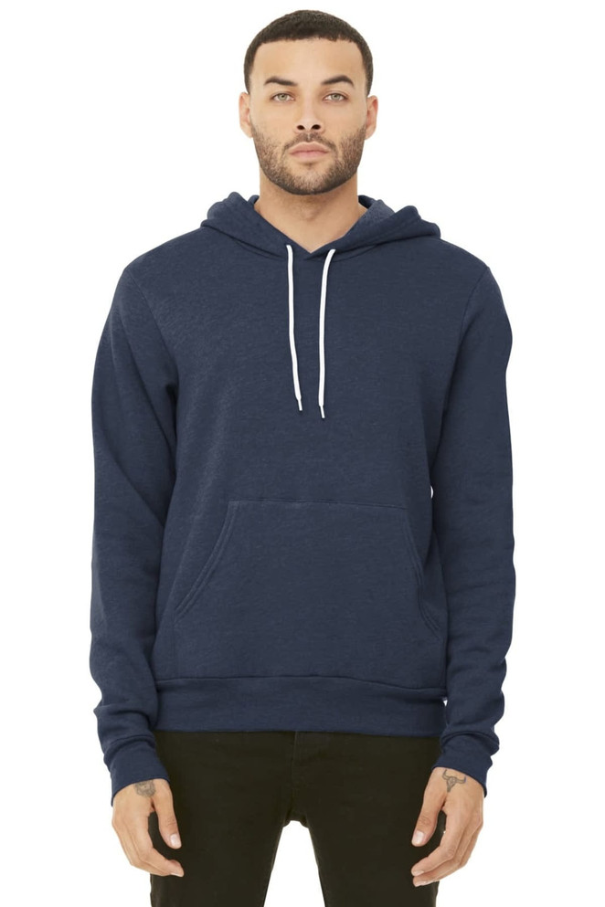 A unisex navy sponge fleece pullover hoodie featuring a front pocket and a logo on the chest.