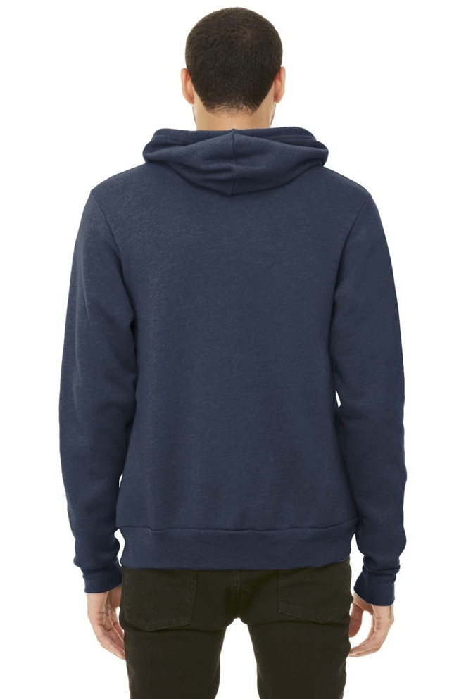 A navy unisex sponge fleece pullover hoodie with a hood and a back view, featuring a logo.