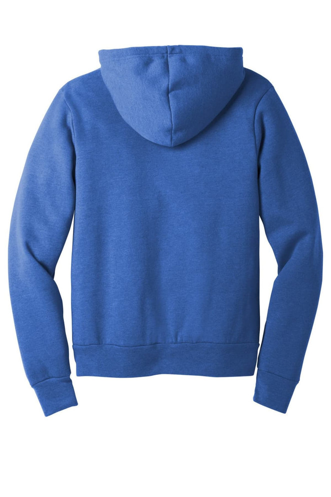 A blue unisex sponge fleece pullover hoodie, featuring a hood and ribbed cuffs. It has a logo on the back.