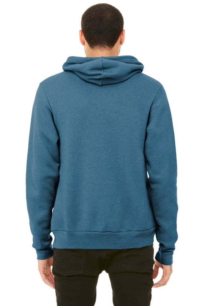 A unisex sponge fleece pullover hoodie in a blue colour, featuring a hood and a plain back.