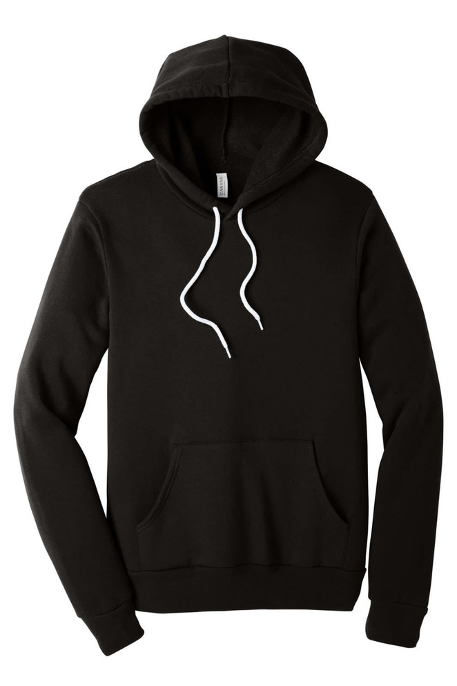 A black unisex sponge fleece pullover hoodie with a front pouch pocket and a logo on the label.