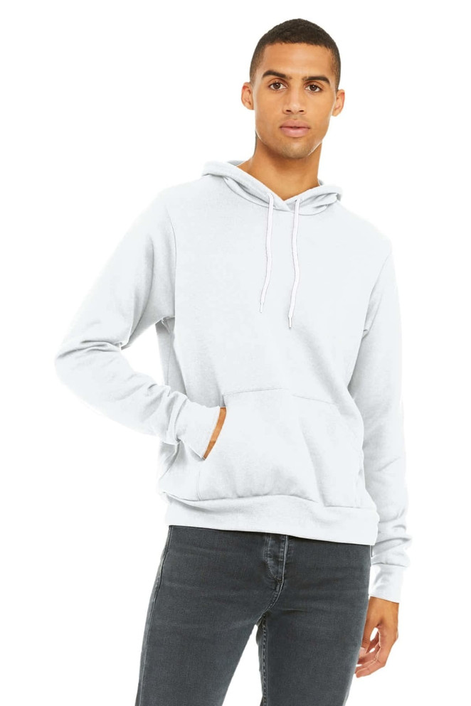 A light grey unisex sponge fleece pullover hoodie with a front pocket and hood, modelled by a person.