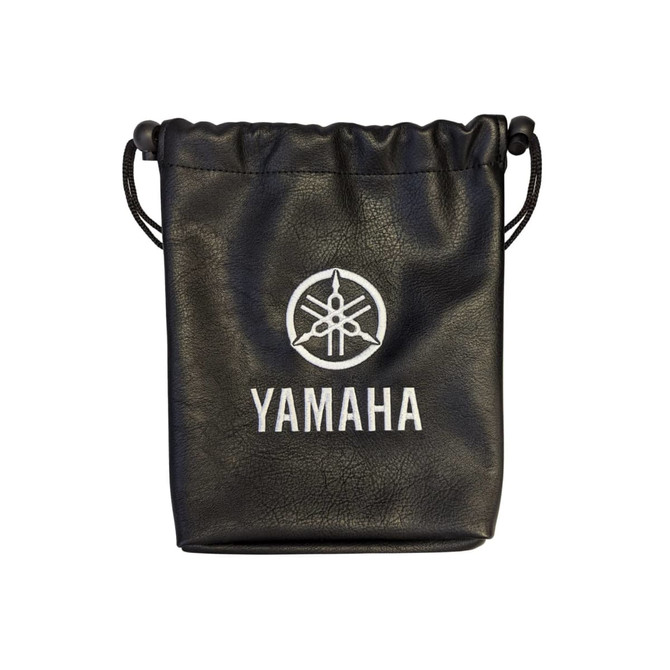 A black drawstring pouch with a logo, ideal for storing valuables. Features a cinched top closure.