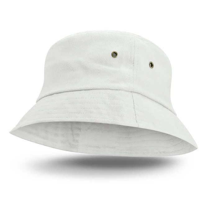A white Bondi Bucket Hat with a wide brim and two ventilation eyelets on the sides.