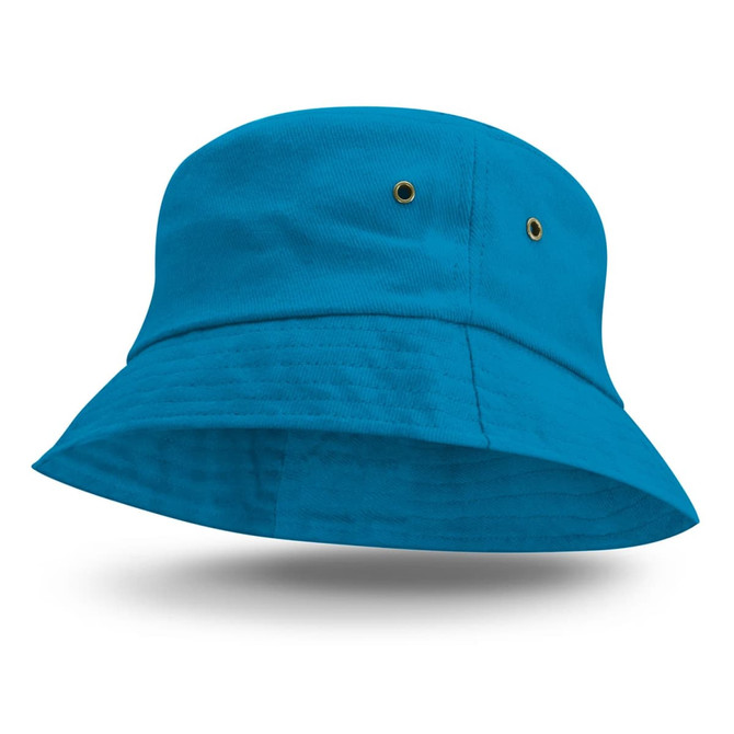 A bright blue Bondi Bucket Hat featuring a classic bucket shape and ventilation eyelets.
