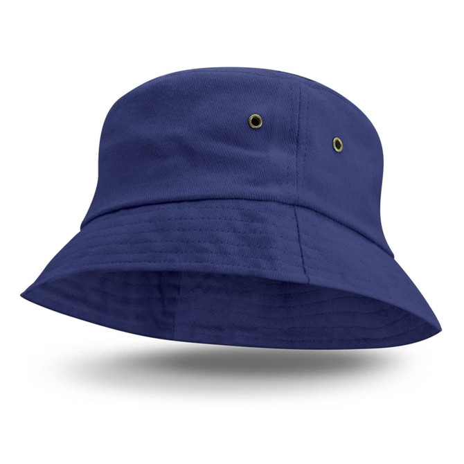 A navy blue bucket hat with a wide brim and ventilation holes, featuring a logo on the side.