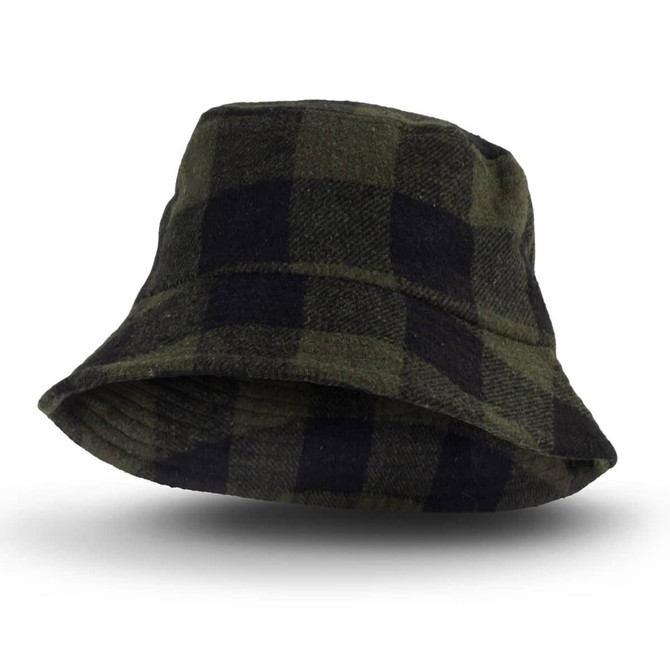 A green and black checked Fiordland bucket hat with a wide brim and a logo.