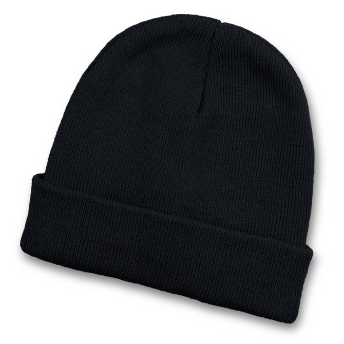 A black knit beanie with a folded cuff and a logo.