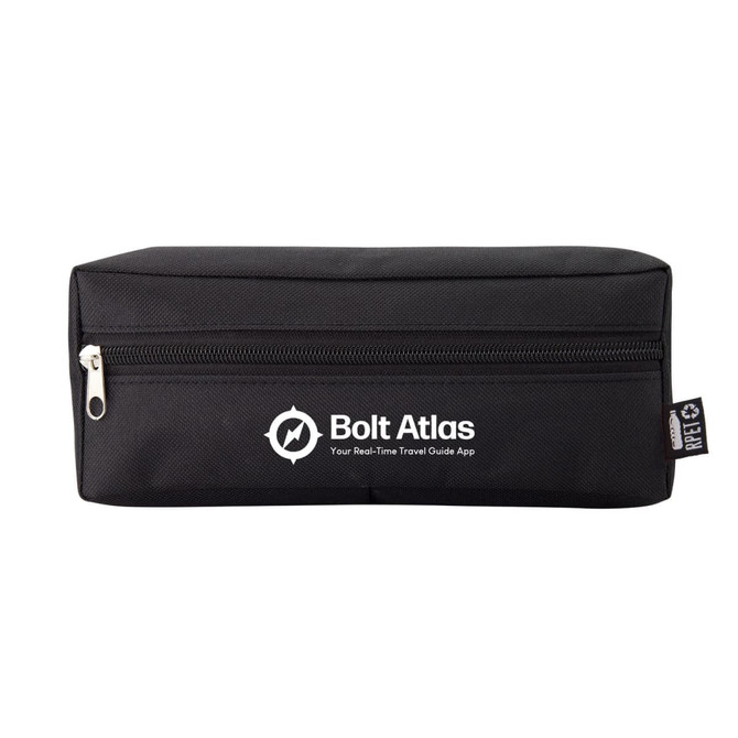 A black rectangular pouch with a zip closure and a branding logo on the front.