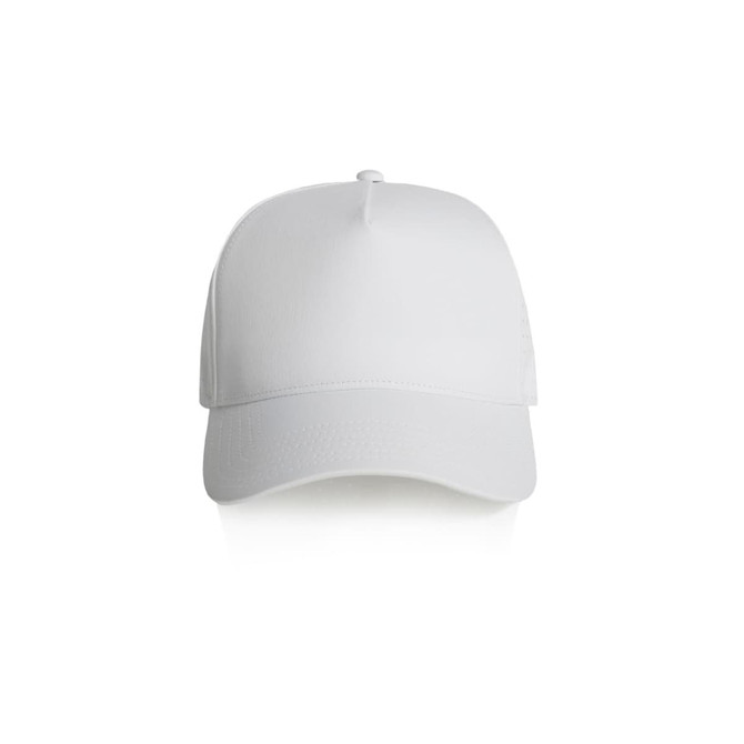 A white cap featuring a perforated design and a logo on the side.