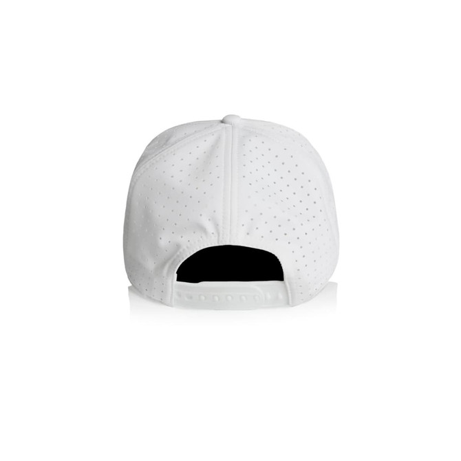 A white perforated cap featuring a structured back and an adjustable strap, with a logo present.