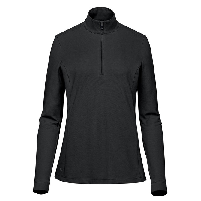 A black women's pullover with a 1/4 zip and long sleeves. It features a logo on the side.