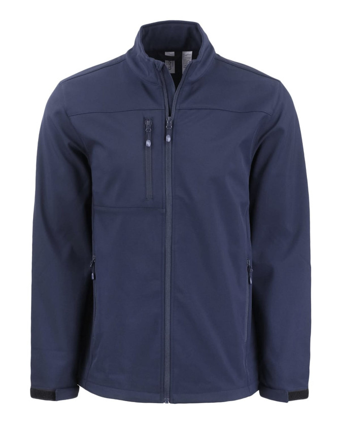 A navy blue men's softshell jacket with zippered pockets and a logo on the chest area.