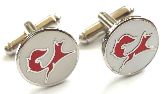 Silver cufflinks featuring a white background with a red design and a small logo.