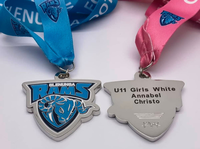 Two soft enamel medals in silver, featuring a logo, with blue and pink ribbons. One medal includes a nameplate.