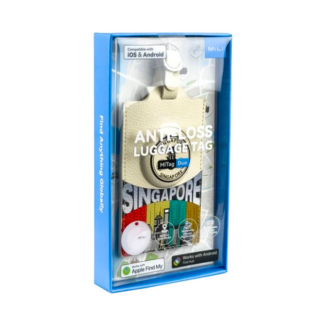 A white luggage tag featuring a cityscape design, packaged in a blue box with a logo. Includes a small red device.