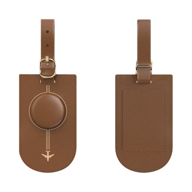 A brown luggage tag with a smooth circular attachment, featuring a subtle design and a loop for securing to luggage.