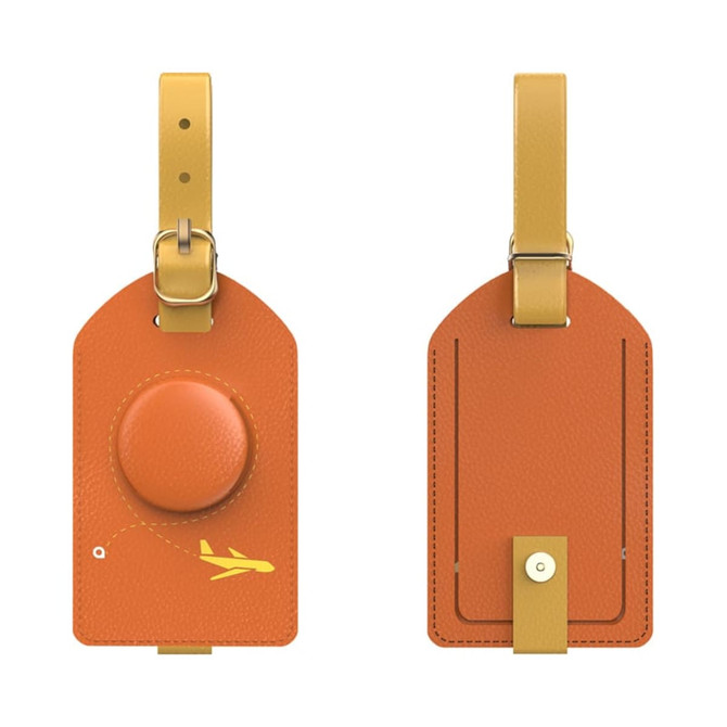 An orange luggage tag with a circular feature and a yellow strap, offering a stylish travel accessory.