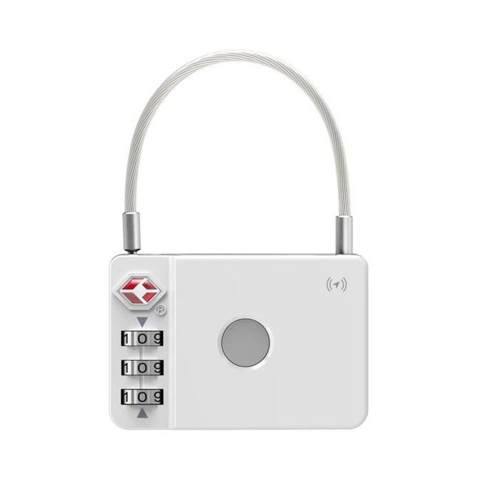 A silver luggage lock with a combination dial and a cable loop, featuring a small logo.