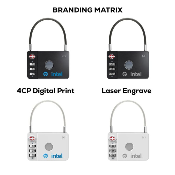 A set of four luggage locks in black and white, featuring combination dials and branding logos.