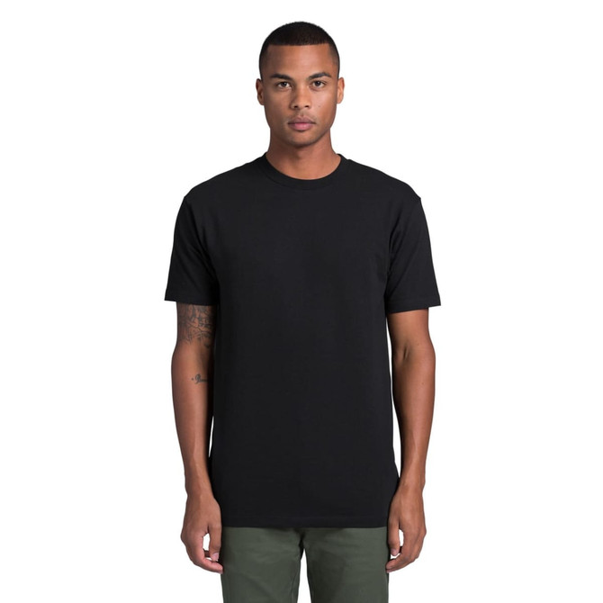 A black t-shirt with a classic crew neck and short sleeves, displayed on a model. It features a logo.