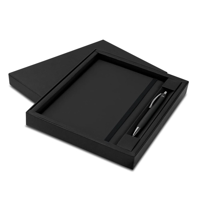 A black notebook with a matching black pen in a sleek black gift box. The set includes a logo on the pen.