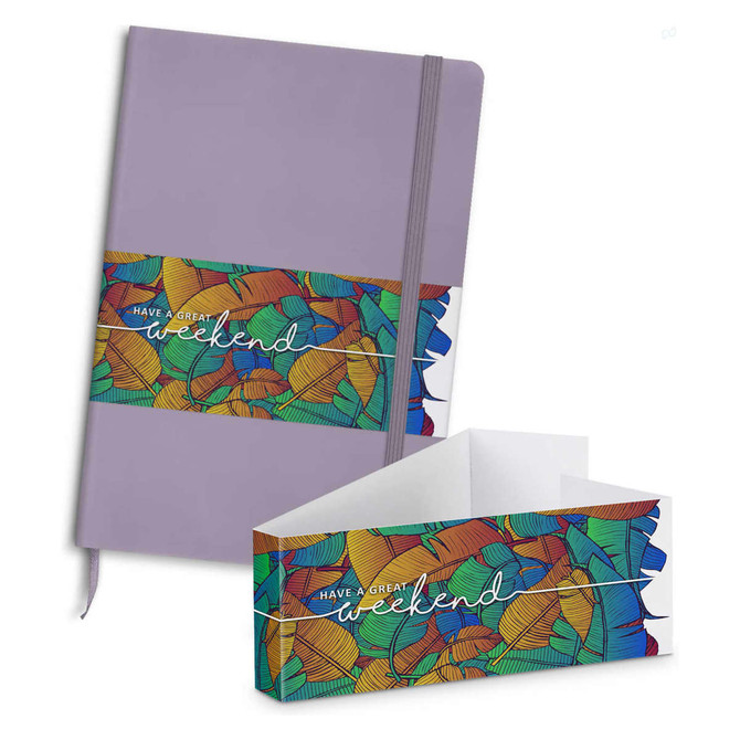 A purple notebook with a colourful leaf-patterned band and a matching pen gift set. The set includes a box.