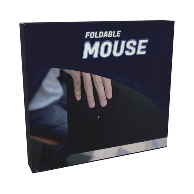 A foldable wireless mouse in black, with a hand demonstrating its compact design. The packaging features a logo.