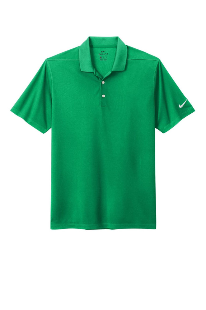 A green Nike Dri-FIT Micro Pique 2.0 polo shirt with a logo, featuring a classic collar and three buttons.