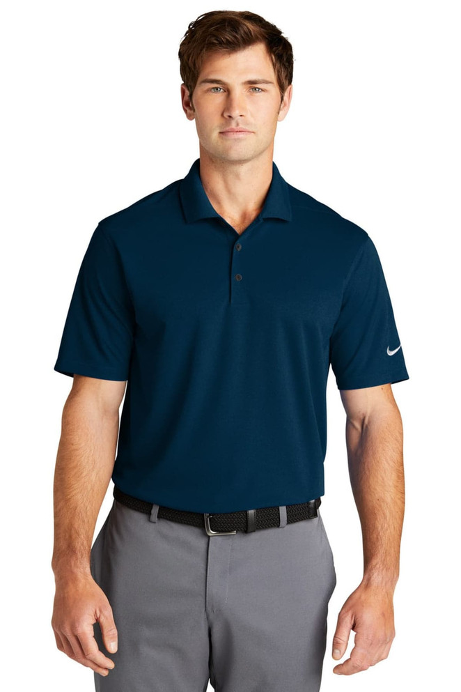 A navy Nike Dri-FIT Micro Pique 2.0 Polo shirt with short sleeves and a branded logo.