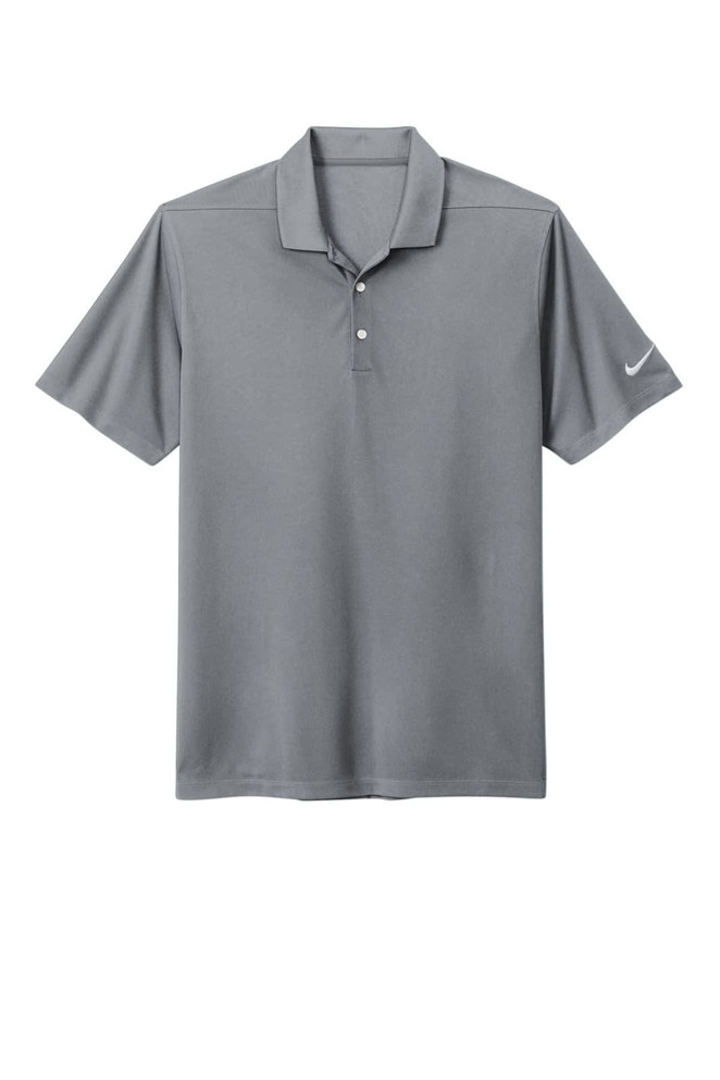 A grey Nike Dri-FIT Micro Pique 2.0 Polo with a collar and five-button placket, featuring a logo.
