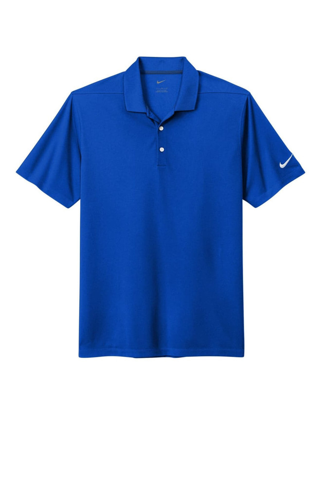 A blue Nike Dri-FIT Micro Pique 2.0 Polo shirt featuring a collar and a logo on the sleeve.