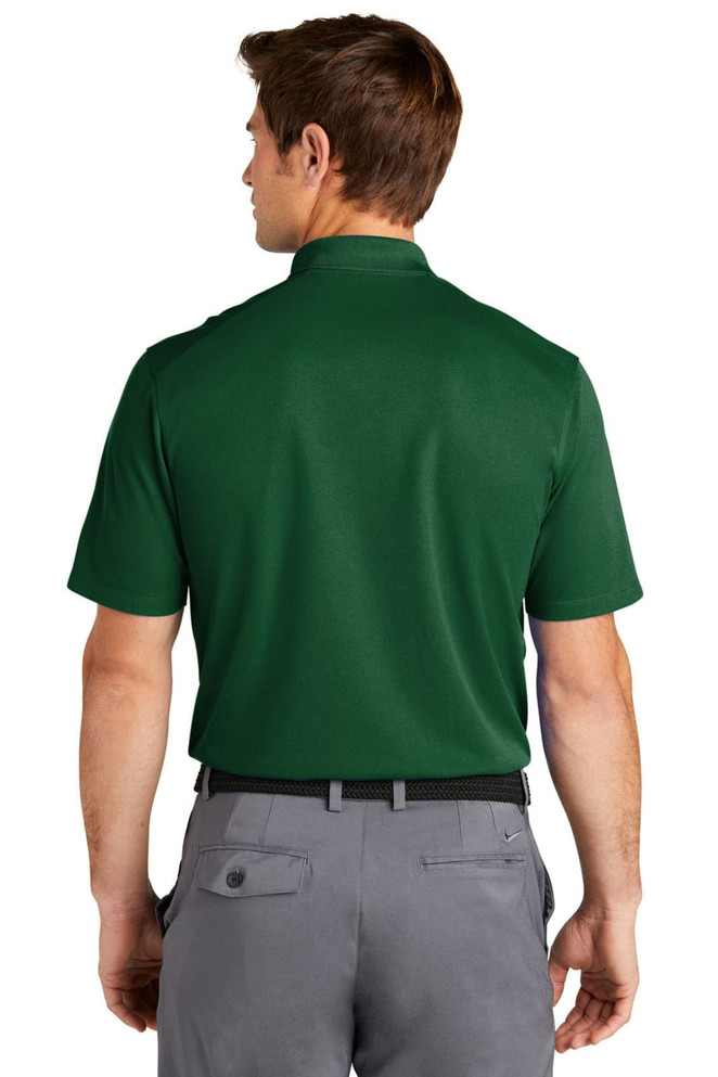 A green Nike Dri-FIT Micro Pique 2.0 polo shirt displayed on a model from the back, featuring a logo.