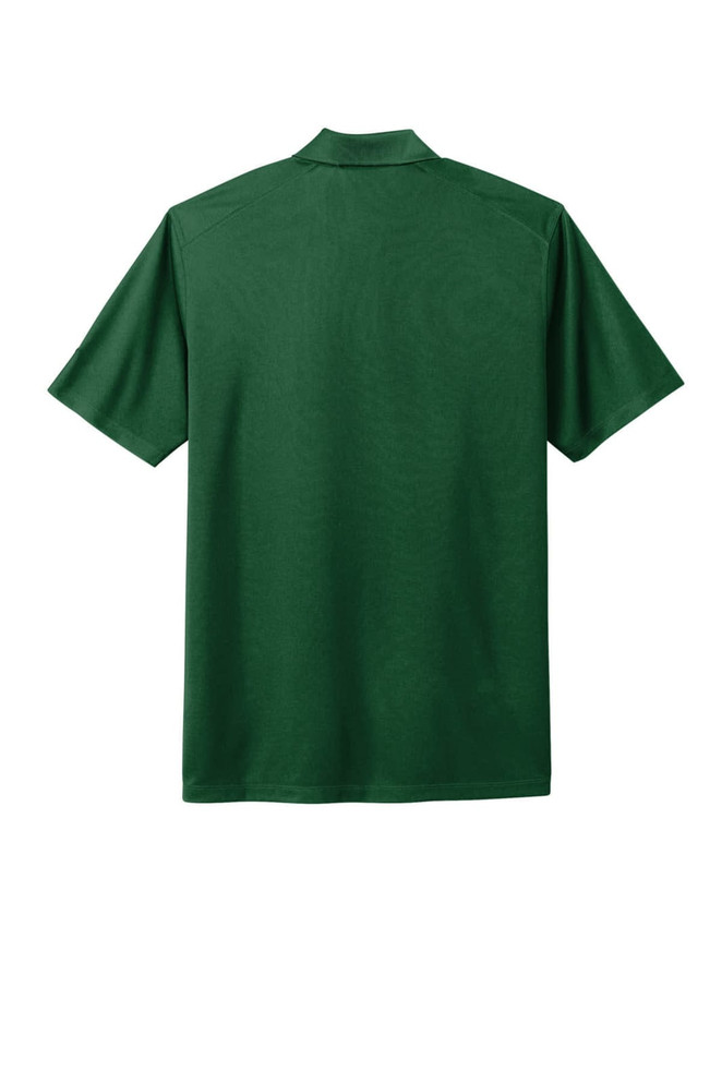 A green polo shirt with short sleeves and a collar, featuring a logo. The back view is shown.