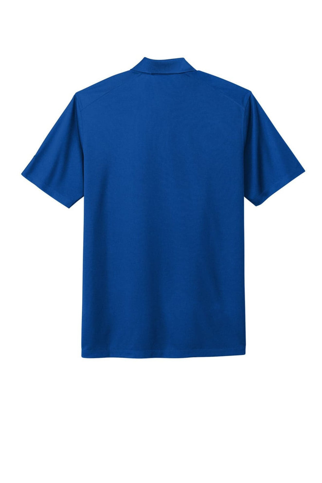 A blue polo shirt with short sleeves and a collar, featuring a logo on the back.