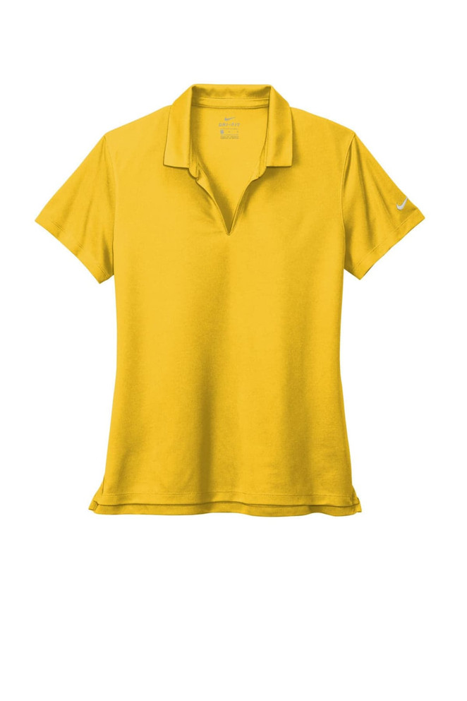 A yellow Nike Ladies Dri-FIT Micro Pique 2.0 Polo shirt with a collar and a branding logo on the sleeve.