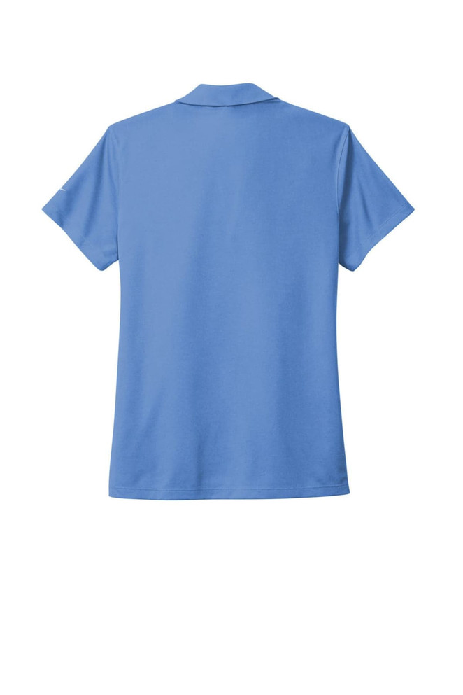 A blue women's polo shirt with a collar and short sleeves, featuring a logo on the sleeve.
