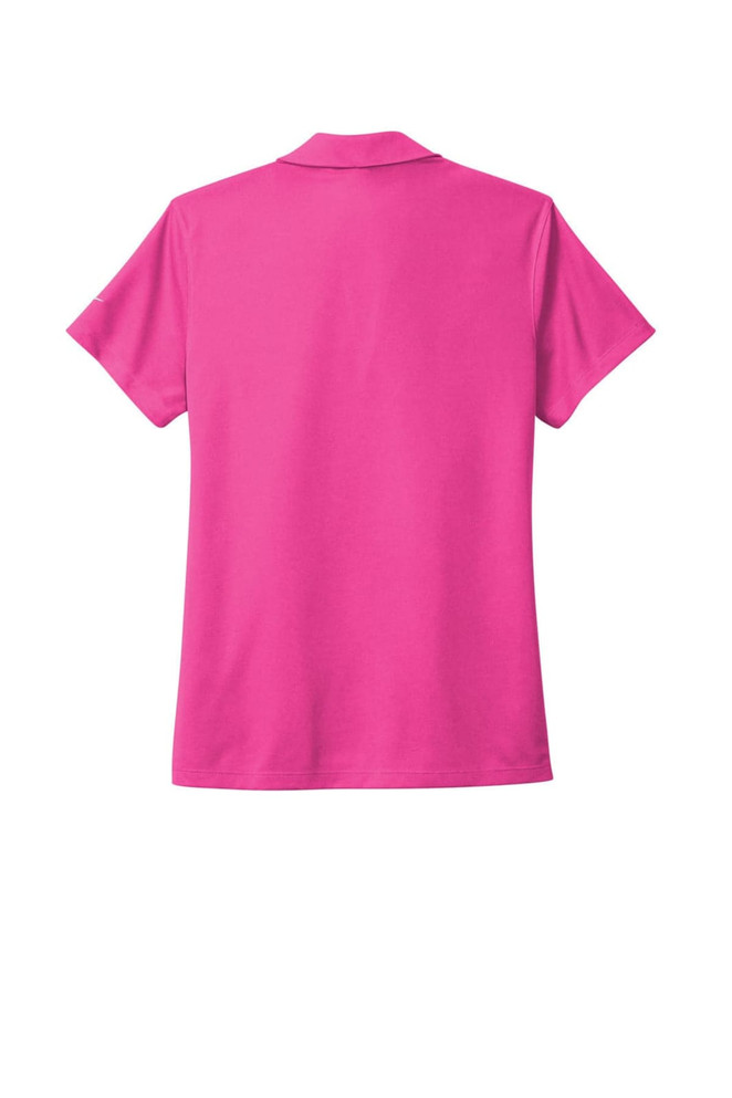 A pink Nike Ladies Dri-FIT Micro Pique 2.0 Polo shirt with a collar and short sleeves, featuring a logo.