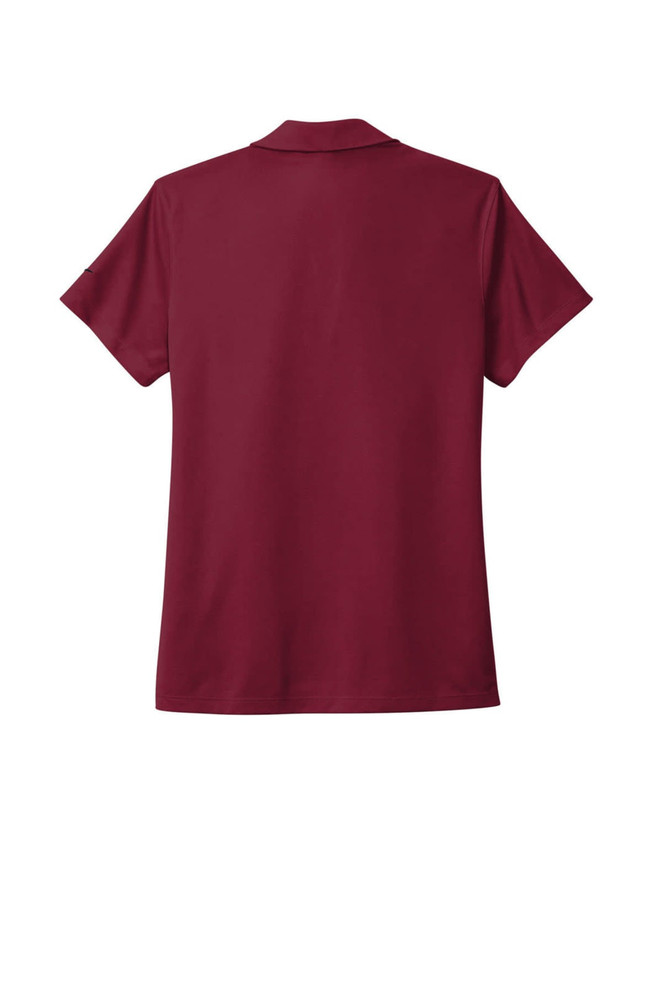 A maroon Nike ladies' Dri-FIT Micro Pique 2.0 polo shirt featuring a collar and short sleeves. It has a logo.