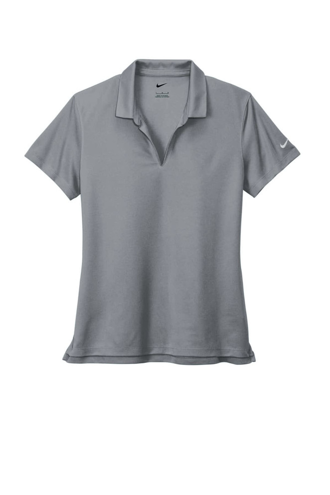 A grey ladies polo shirt made from Dri-FIT micro pique fabric with a logo on the sleeve.