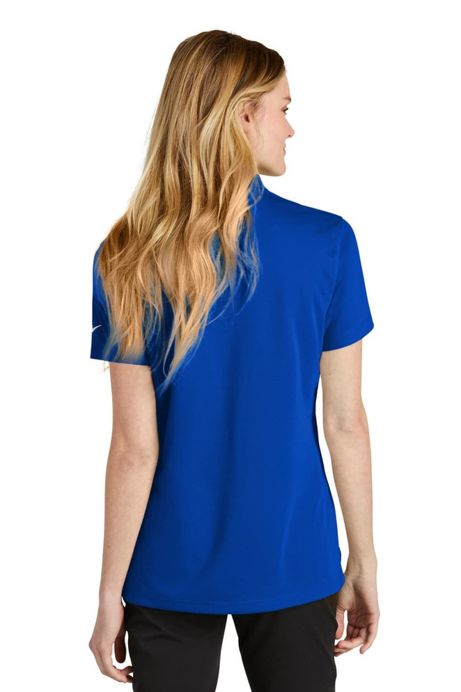 A blue Nike ladies polo shirt with a classic fit, featuring a back view and short sleeves. It has a logo.