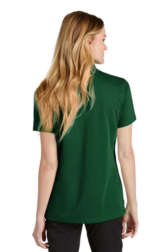 A green Nike ladies' Dri-FIT Micro Pique 2.0 polo shirt, featuring a back view with a sleek design.