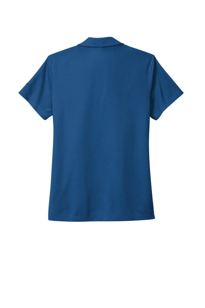 A blue Nike Ladies Dri-FIT Micro Pique 2.0 Polo, featuring short sleeves and a collar, with a logo on the sleeve.