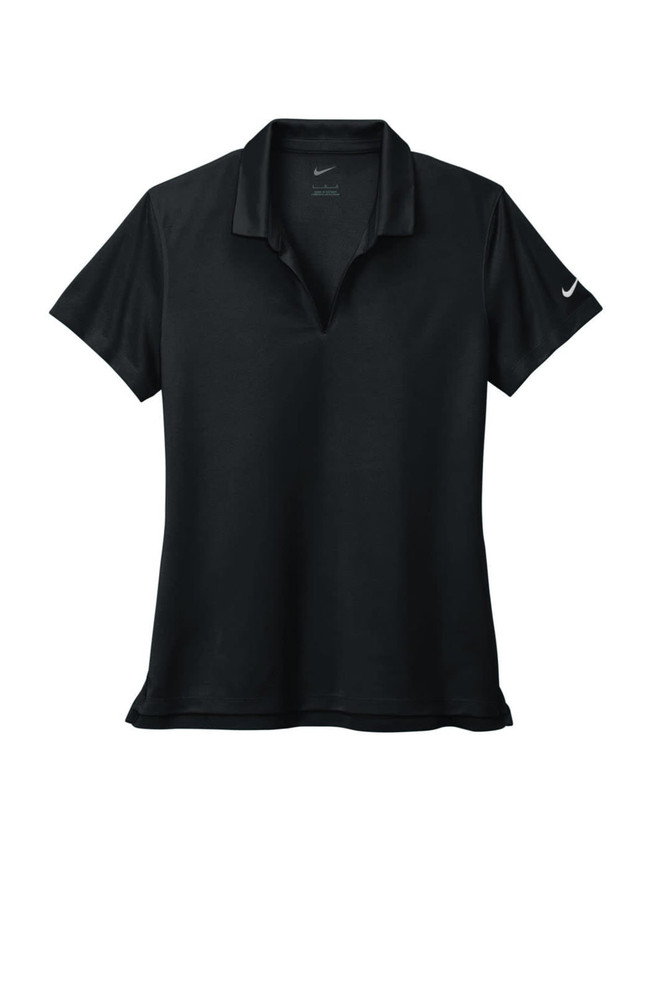 A black Nike ladies polo shirt with a collar, short sleeves, and a branded logo on the sleeve.