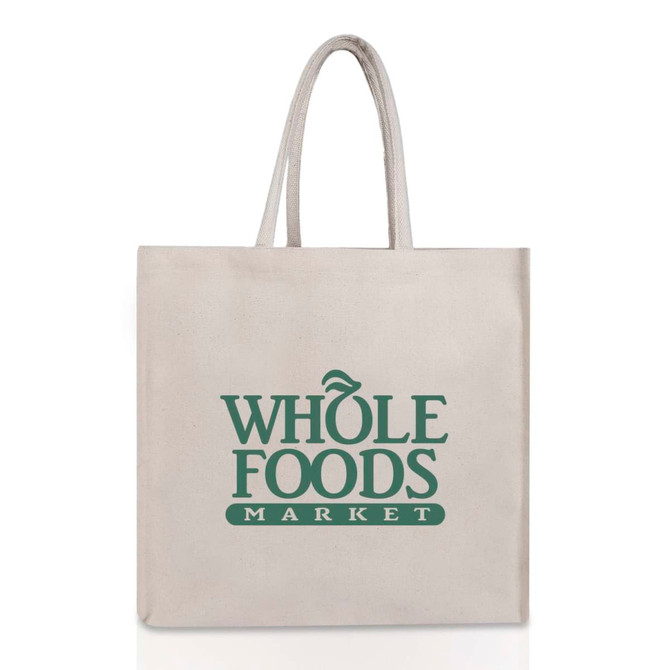 A light beige canvas bag with two handles and a logo printed in green.
