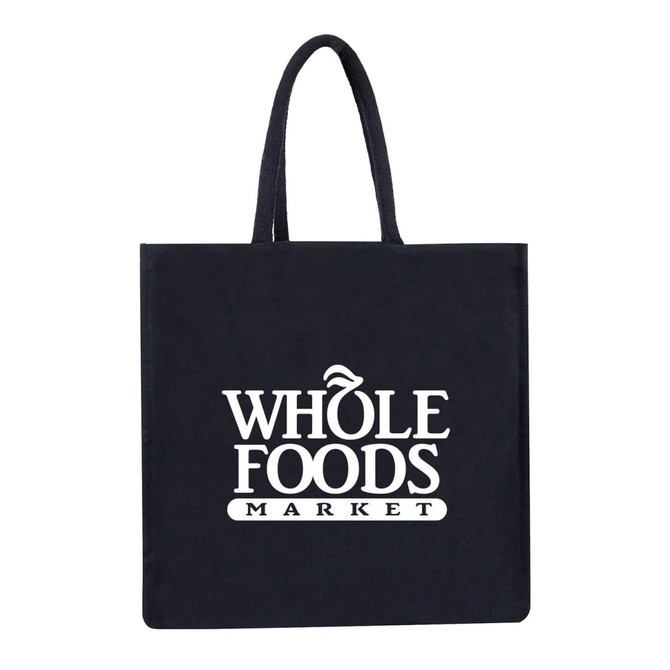 A black canvas bag with handles and a logo on the front.