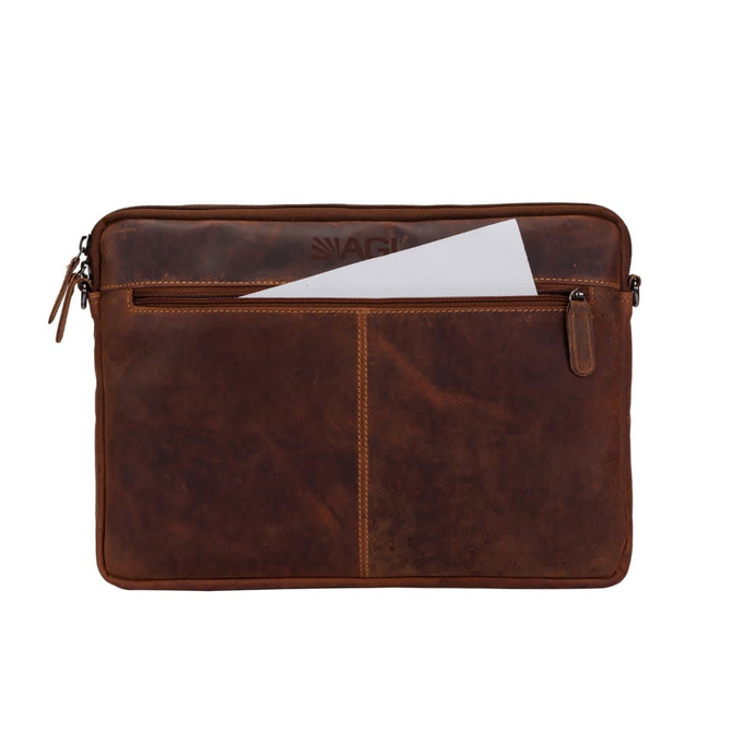 A brown leather laptop sleeve with a front pocket and a document partially visible inside. It features a logo.