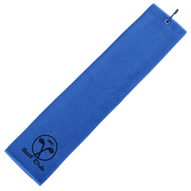 A blue sandless golf towel featuring a logo, designed for leisure and outdoor activities.